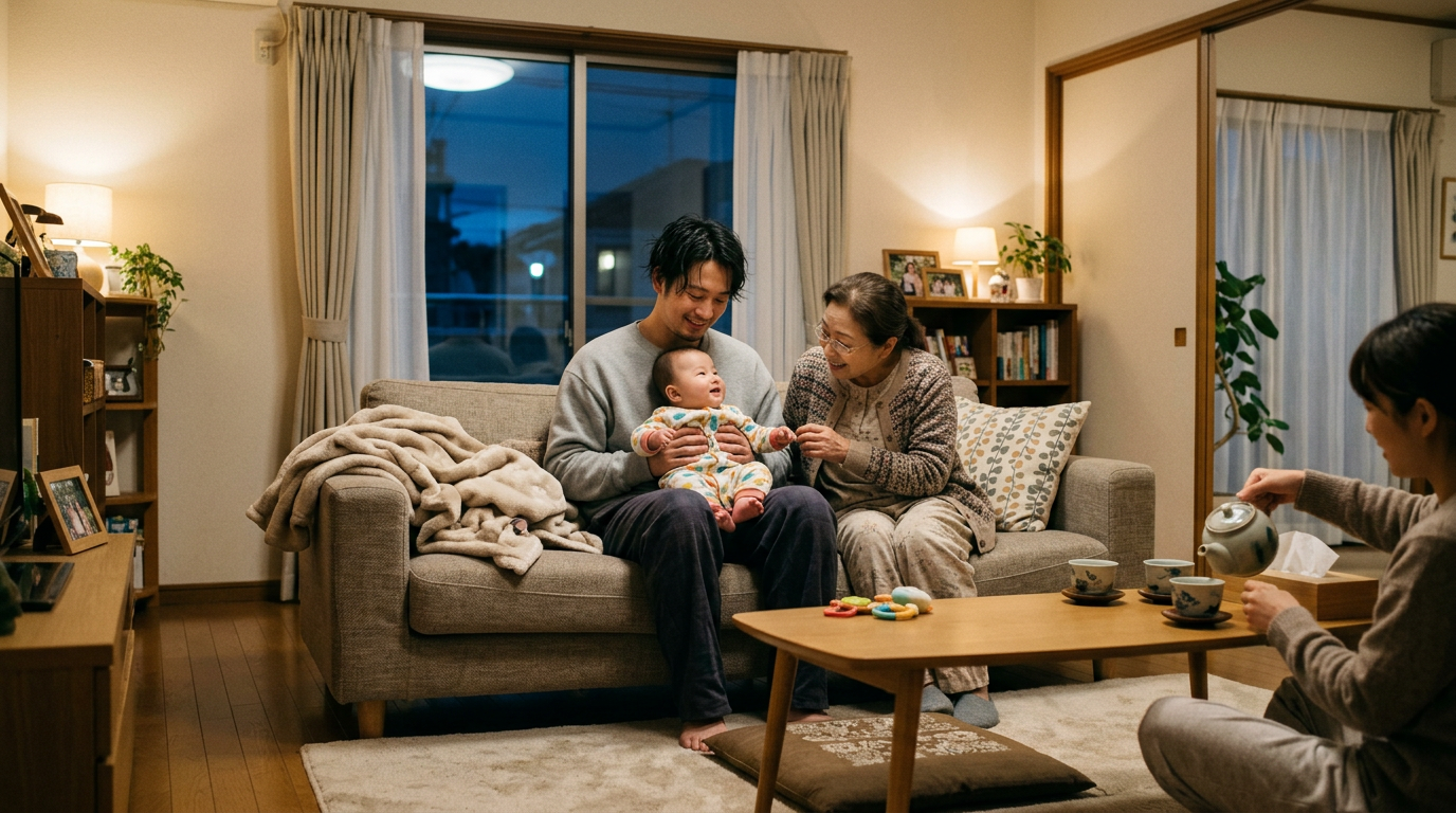 パパ・子供・おばあちゃんの3世代がリビングでくつろいでいるイメージ