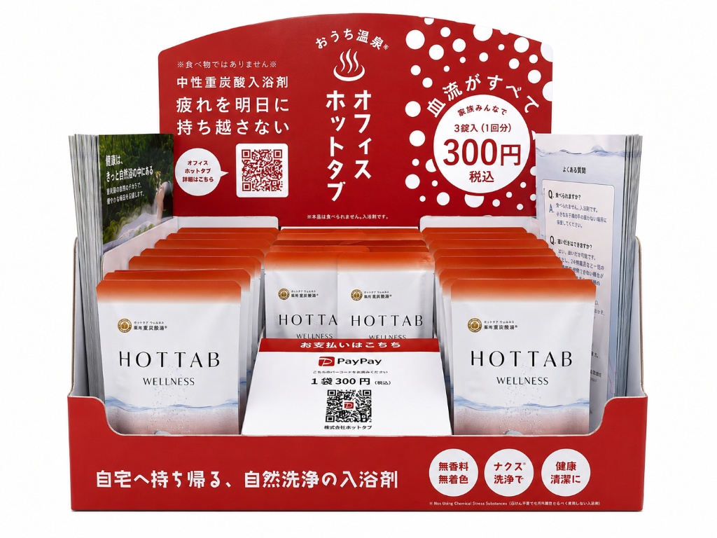 オフィスホットタブ什器 実物 - HOTTAB WELLNESS 3錠入り300円・PayPay対応