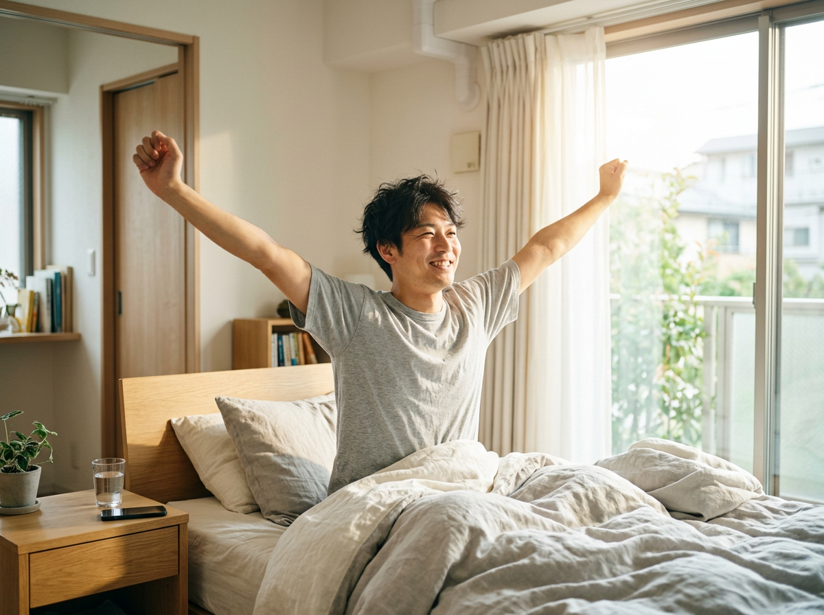 朝日の中ですっきり目覚めるイメージ