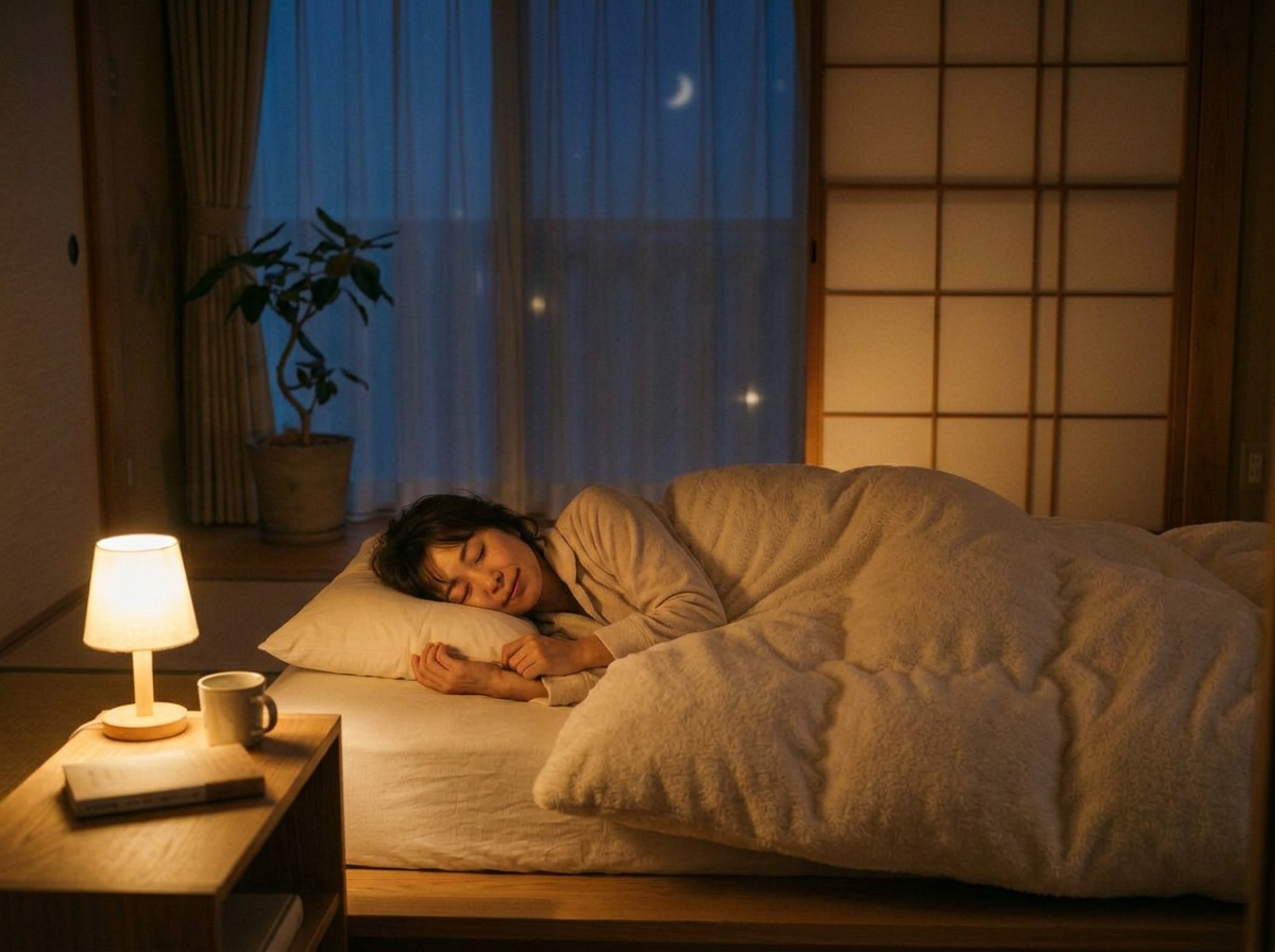 夜の寝室で気持ちよく眠るイメージ